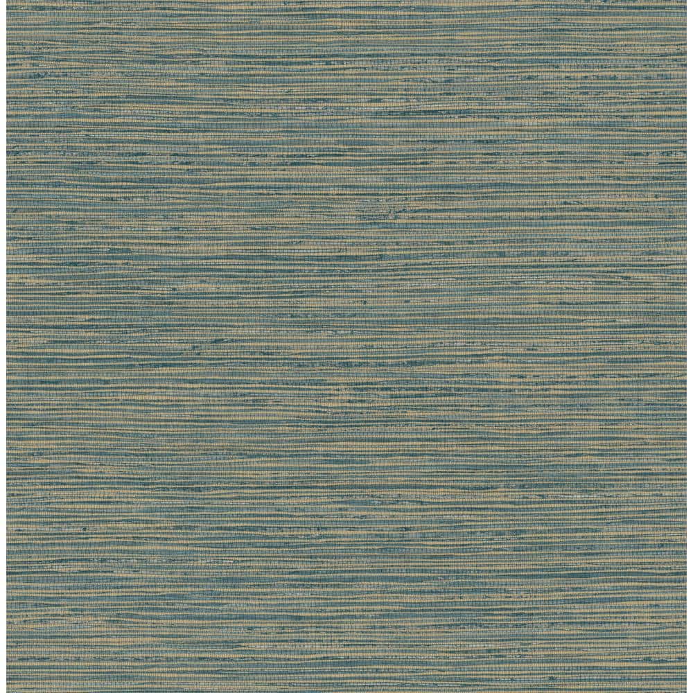 Teal and Gold Embossed Grasscloth Peel and Stick Wallpaper Roll