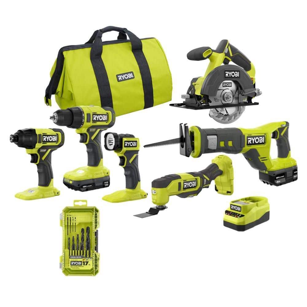 RYOBI ONE+ 18V 6-Tool Combo Kit w/ 2Ah Battery, 4Ah Battery, & Charger w/ 17PC Black Oxide Drill Bit Set (1600K2XA971701)