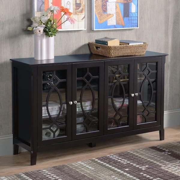 HOMCOM Black MDF Top 54 in. Sideboard Buffet Cabinet with Storage and Glass Doors