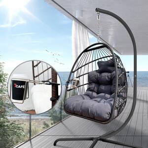1-Person Black Metal Patio Swing Folding Hanging Chair Hammock Egg Chair with Brown Cushion and Pillow