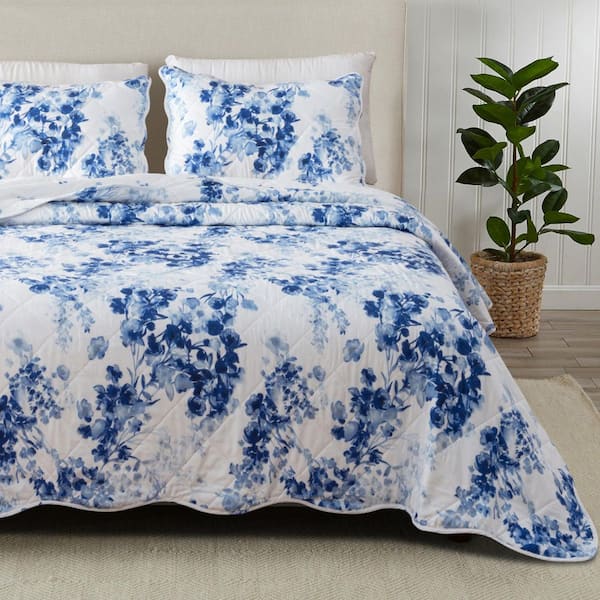 Blue Reversible Watercolor Floral Microfiber Quilt Set Bedspread (2-or 3-Piece)