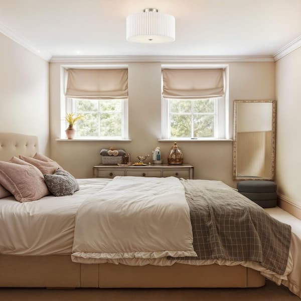 15.7 in. 3-Light Brushed Nickel Semi-Flush Mount Ceiling Light with Pleated Drum Shade