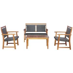 4-Piece Wicker Patio Conversation Set Furniture Sofa with Acacia Wood Frame