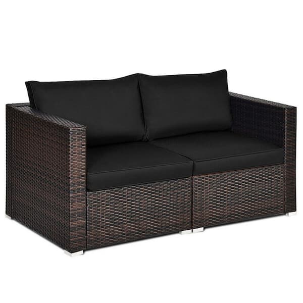 Clihome 2-Piece Wicker Outdoor Patio Sectional Rattan Conversation Sofa Set with Black Cushions