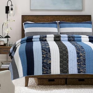Cool Calming Striped Checker Floral 3-Piece Navy Blue Cotton Queen Quilt Bedding Set