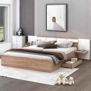 Brown Wood Frame Queen Size Platform Bed with Headboard, Drawers, Shelves, USB Ports and Sockets