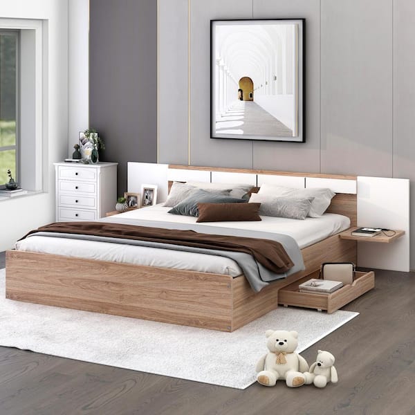 Polibi Brown Wood Frame Queen Size Platform Bed with Headboard, Drawers, Shelves, USB Ports and Sockets