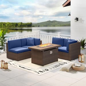 5-Piece Fire Pit Patio Sets Wicker Patio Conversation Set With Fire Pit Table Blue Cushions
