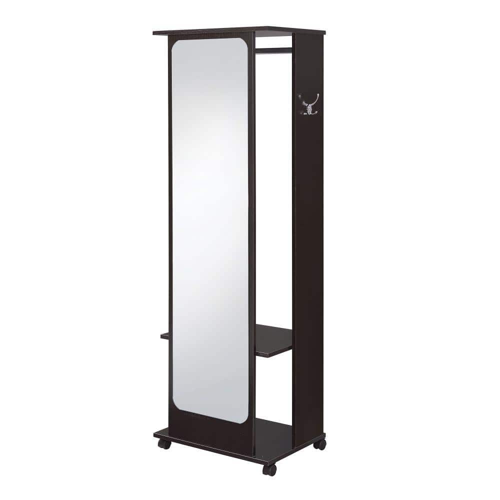Brown and Silver Mirror and Wood Hall Tree with Hanging Rod and Casters