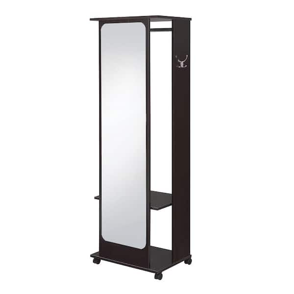 Benjara Brown and Silver Mirror and Wood Hall Tree with Hanging Rod and Casters