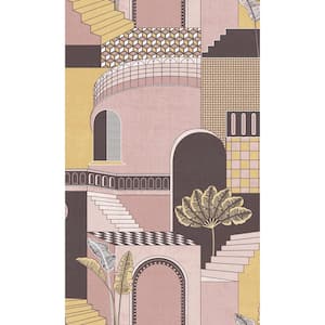 Pink and Yellow Mediterranean Style Building Shelf Liner Non-Woven Non-Pasted Wallpaper Double Roll (57 sq. ft.)