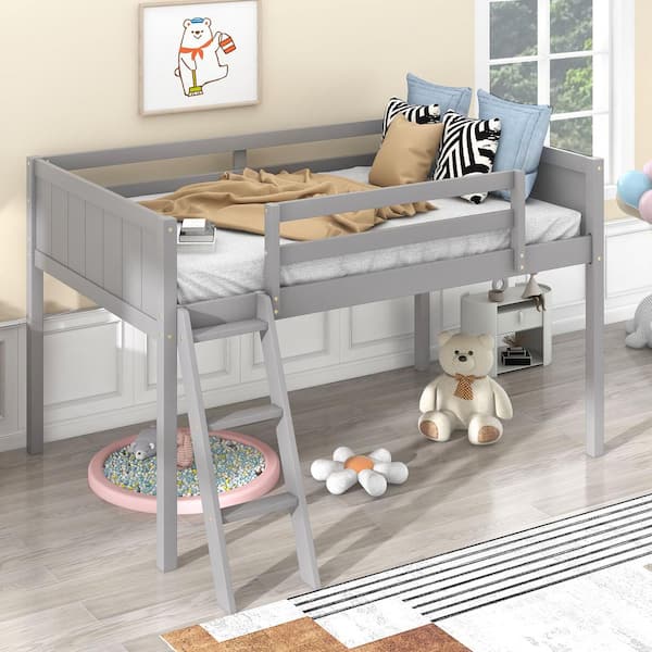 Harper & Bright Designs Gray Twin Size Wood Low Loft Bed with Sloping Ladder, Full-Length Bedrails