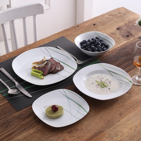 Aviva 24-Piece Casual Ivory White with Green Stripe Porcelain Dinnerware Set (Service for 6)