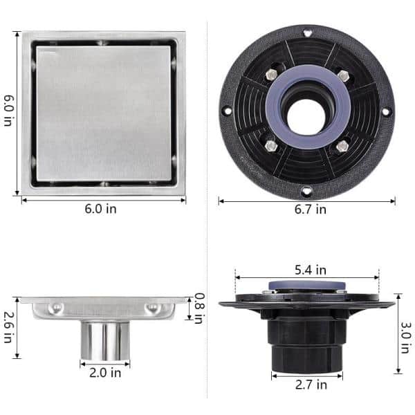 6 in. x 6 in. Stainless Steel Square Shower Drain with Strainer in Brushed Nickel