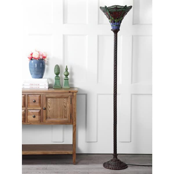 JONATHAN Y Dragonfly Tiffany-Style 71 in. Bronze/Green Torchiere