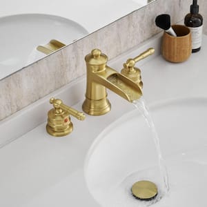 Classic 8 in. Widespread Double Handle Brass Bathroom Faucet with Pop Up Drain and Water Supply Hoses in Brushed Gold