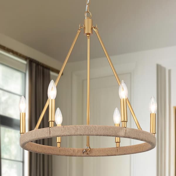 6-Light Gold Candle Design Circle Hanging Wagon Wheel Chandelier Island Chandelier Lighting for Dining Room