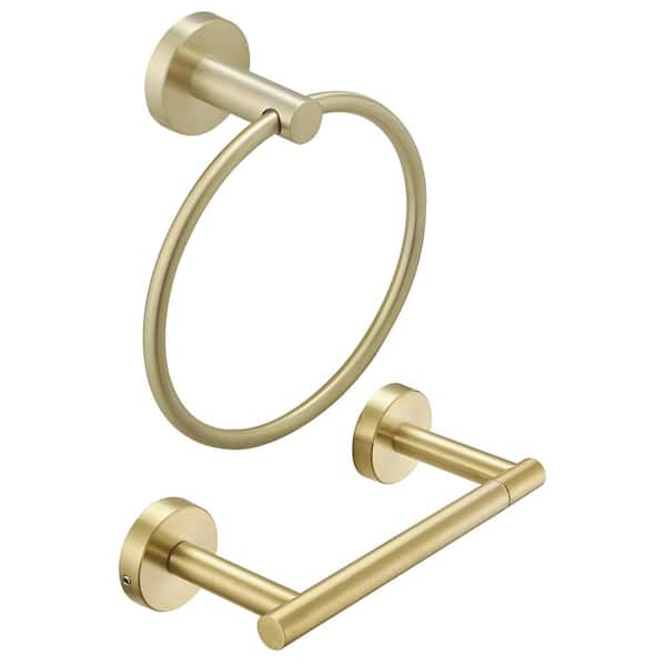 2-Piece Bath Hardware Set with Towel Ring Toilet Paper Holder Hand Towel Holder Set in Brushed Gold