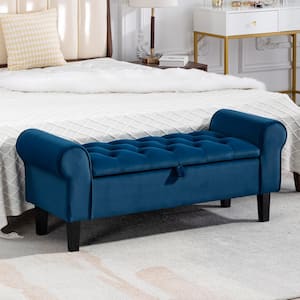 48.43 in. W x 17.72 in. D x 19.29 in. H Navy Tufted Brushed Velvet Armed Storage Bedroom Bench with Rubberwood Legs