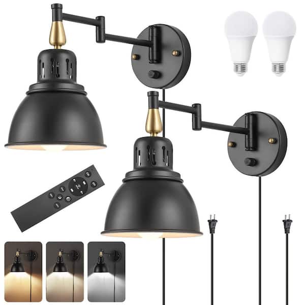 5.9 in. 2-Light Black Metal Wall Sconce with Adjustable Color Temperature, Plug-in Dimmable Wall Light (2 Pack, 2 Bulbs)