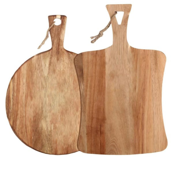 2-Piece Acacia Wood Cutting Board with Handle, Wooden Charcuterie Board for Cheese Meat Fruit Pizza Bread Baking