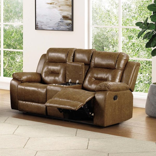 Furniture of America Salisbur 70 in. Brown Faux Leather 2-Seater Loveseat with Cup Holder and Storage