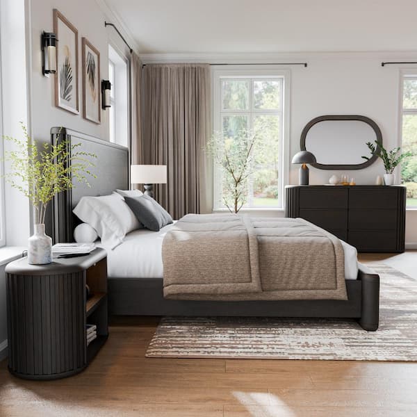 Furniture of America Eastbrook 5-Piece Modern Black Acacia Wood Queen Bedroom Set And 2 Nightstands with Motion Light