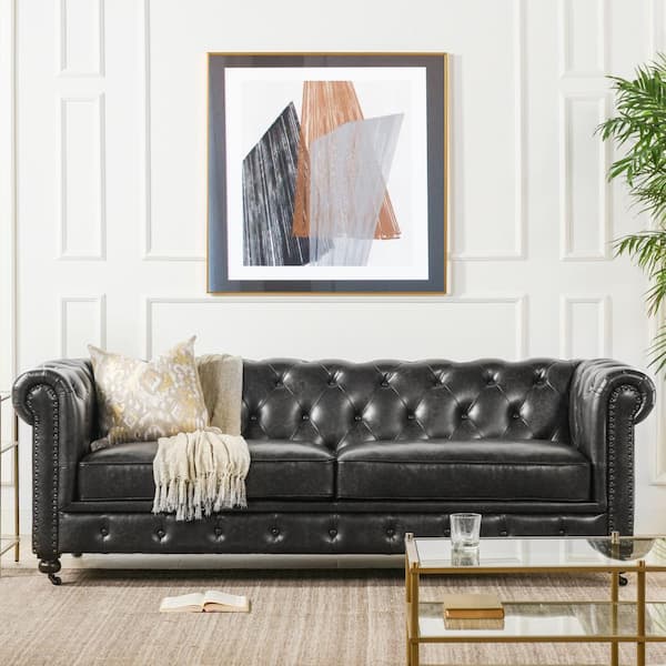 Jennifer Taylor Winston 38 In Vintage Black Faux Leather 3 Seater Chesterfield Sofa With Nailheads 64020 Mfb The Home Depot Jennifer Taylor Winston 38 In Vintage, Black Faux Leather Tufted Sofa