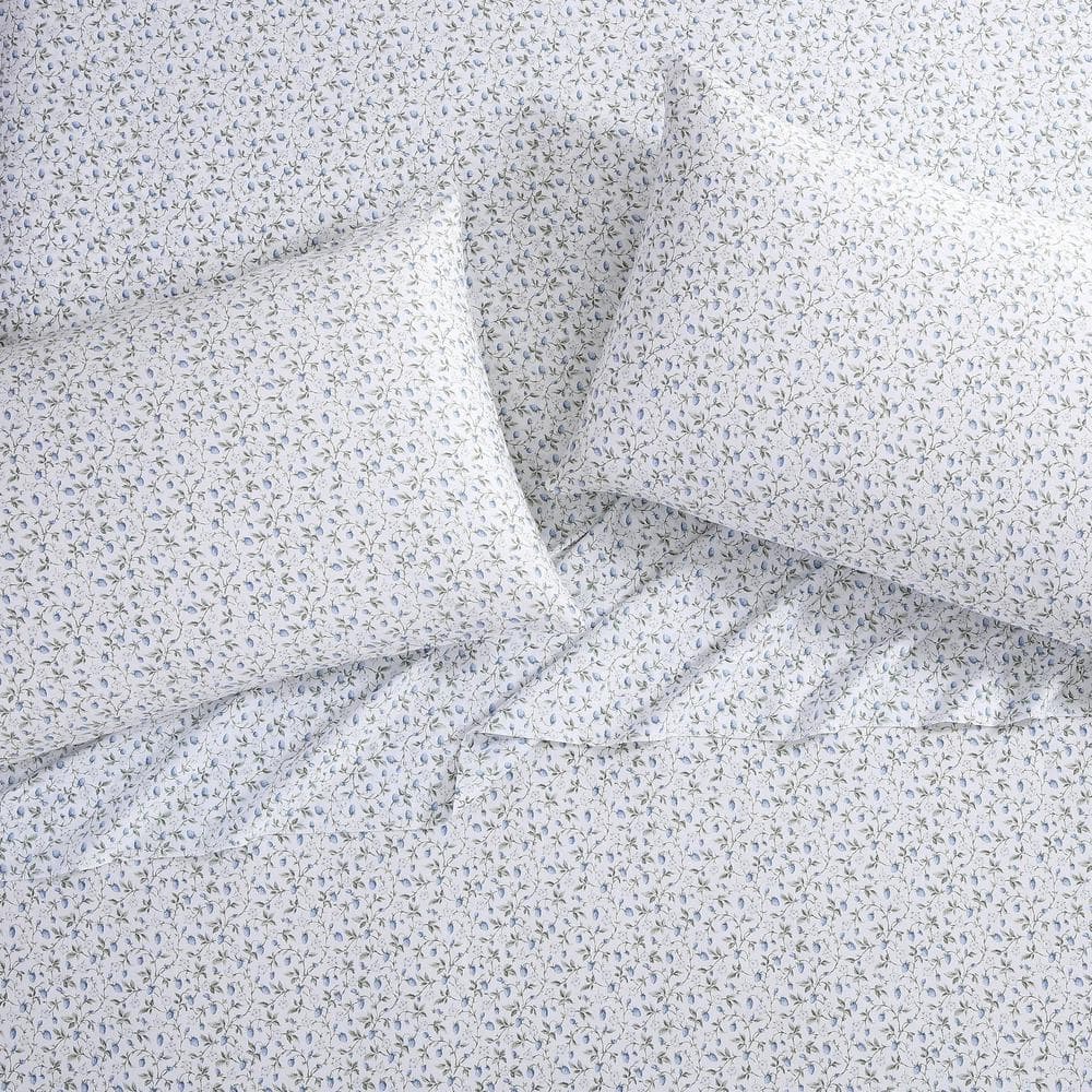 King Blue Cotton Sateen Floral Print Sheet Set