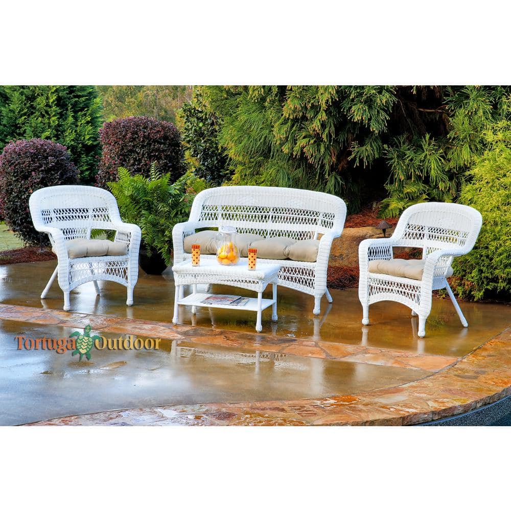 Portside 4pc White Wicker Patio Furniture Seating Set with Sand Cushions (W