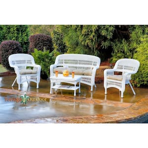 Portside 4pc White Wicker Patio Furniture Seating Set with Sand Cushions (Wicker Chairs, Loveseat, and Coffee Table)