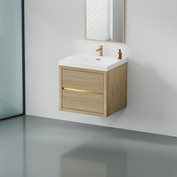 TCYO 24 in. Wall-Mounted Natural Oak Bath Vanity with Glossy