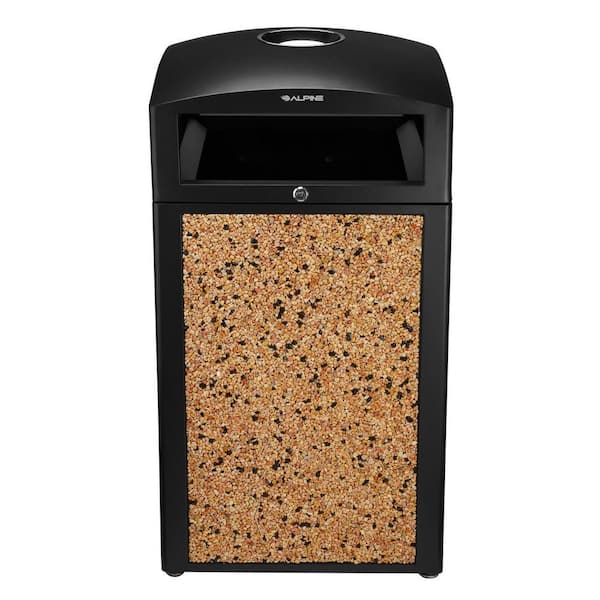 Alpine Industries 40 Gal. Beige Stone All-Weather Vented Outdoor Commercial Garbage Trash Can with Ashtray Lid and Liner