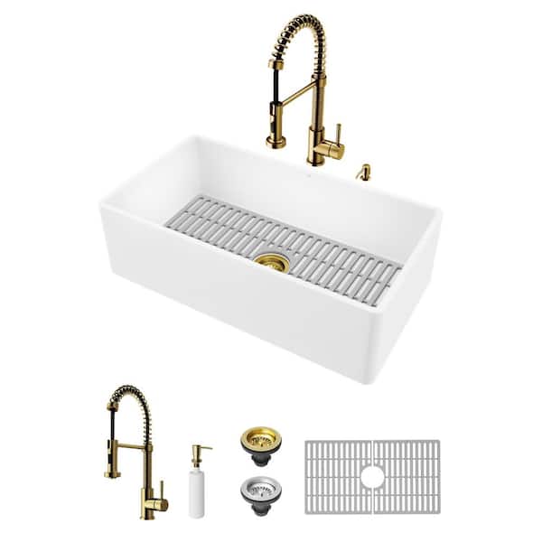 Vigo Matte Stone White Composite 33 In Single Bowl Flat Farmhouse Kitchen Sink With Faucet Gold And Accessories Vg84022 - Fiberglass Bathroom Farm Sink Mixer