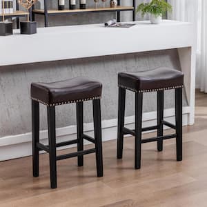 Counter Height 29 in. Brown Wooden Frame Backless Faux Leather Bar Stools(Set of 2 )