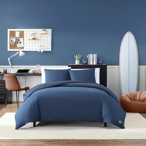 Nautica Longdale Solid Sripe 3-Pcs Blue Microfiber Full/Queen Duvet Cover Set