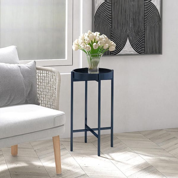 RiteSune Modern 13.25 in. Blue Round Wood Top End Tray Table