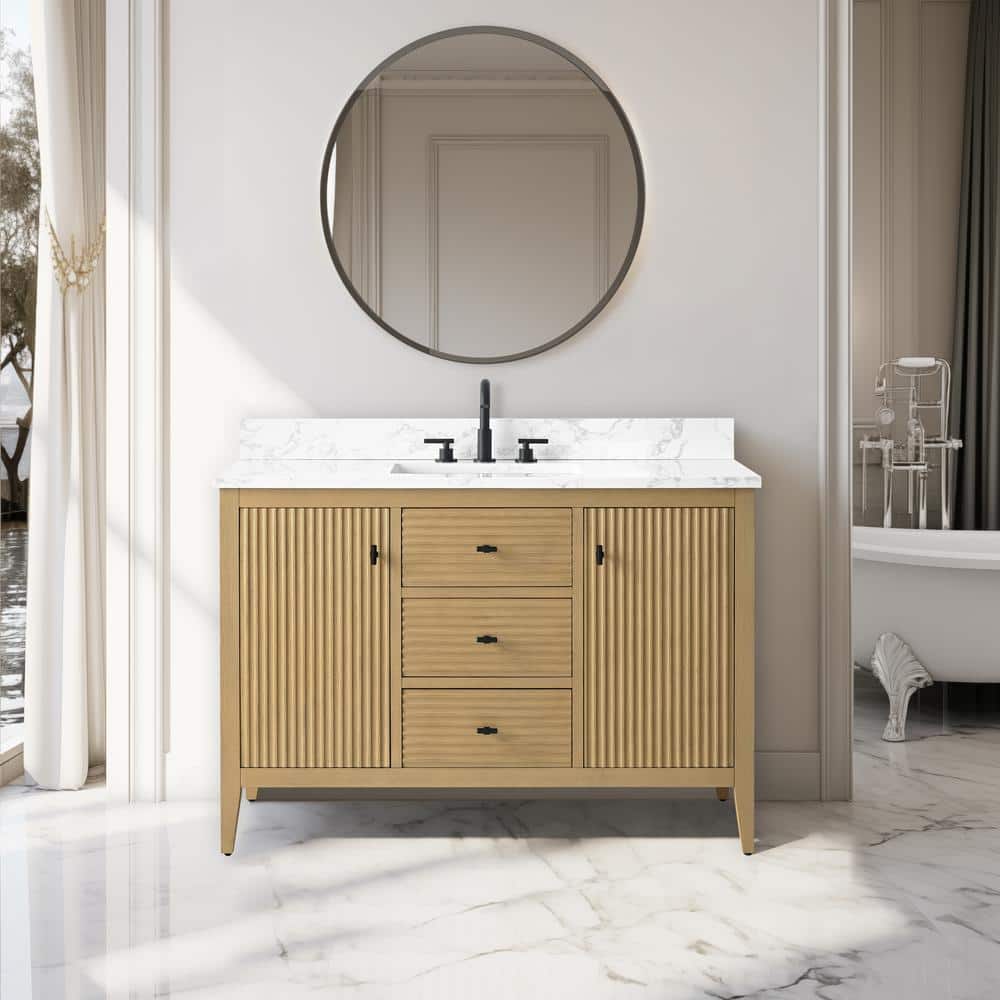 48'' Natural Oak Single Bathroom Vanity with Matte Black Handles