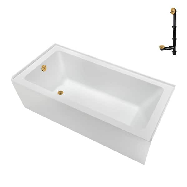 Streamline 60 in. x 30 in. Soaking Acrylic Alcove Bathtub with Left Drain in Glossy White, External Drain in Brushed Gold