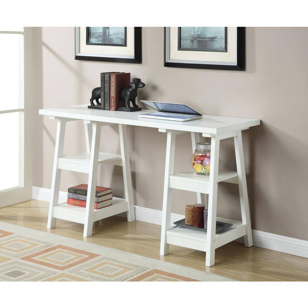 Elegant White Trestle Desk with Spacious Shelves and Ample Surface