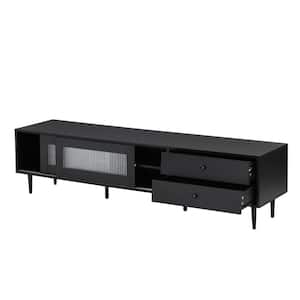 70 in. Black TV Cabinet TV Stand Fits TVs up to 75 in. with Sliding Fluted Glass Doors and 2-Drawers
