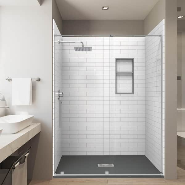Subway 36in. x 60in. x 84 in. Solid Composite Stone Alcove Shower Combo Kit Matching Brushed Nickel Door Niche and Drain