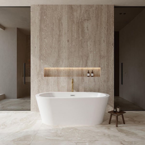 Mermaid 67 in. Acrylic Flatbottom Bathtub in White with Polished Chrome Trim and Brushed Gold Faucet