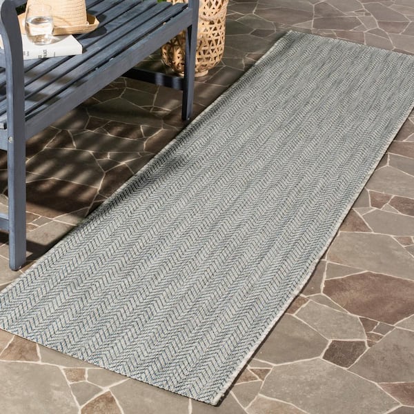 Courtyard Gray/Navy Door Mat 2 ft. x 5 ft. Runner Solid Color Chevron Indoor/Outdoor Area Rug