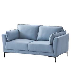 Mesut 68 in. Light Blue Top Grain Leather and Black Finish Solid Leather 2 Seat Loveseat