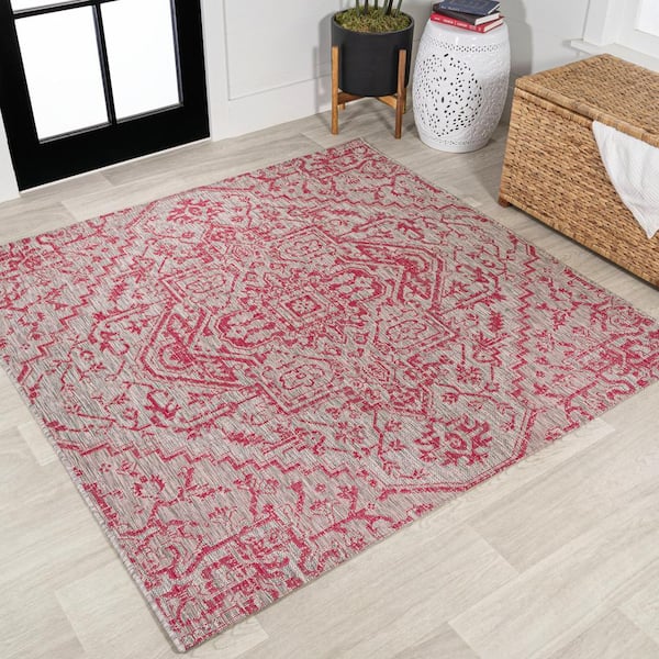 JONATHAN Y Estrella Bohemian Medallion Textured Weave Light Gray/Fuchsia 5 ft. Square Indoor/Outdoor Area Rug