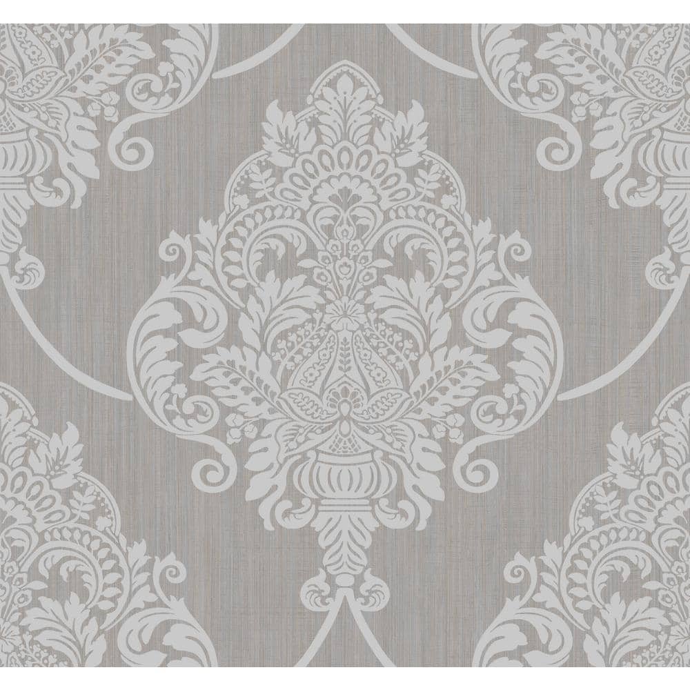 Seabrook Designs Puff Damask Metallic Silver and Tan Paper Strippable ...