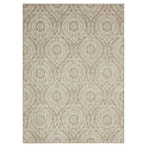 Patio Country Zoe Taupe/Ivory 8 ft. x 10 ft. Moroccan Damask Indoor/Outdoor Area Rug