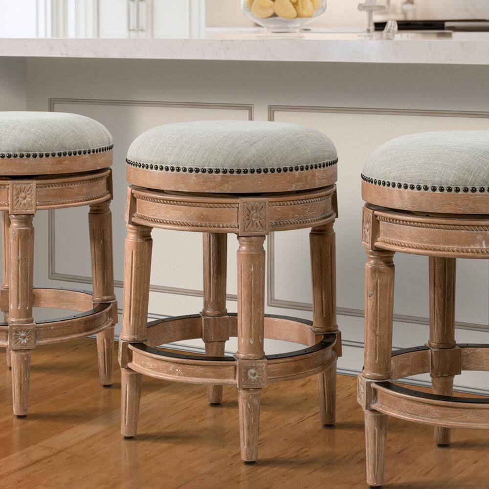Weathered Natural Oak Backless Swivel Bar Stool with Gray Upholstered Seat