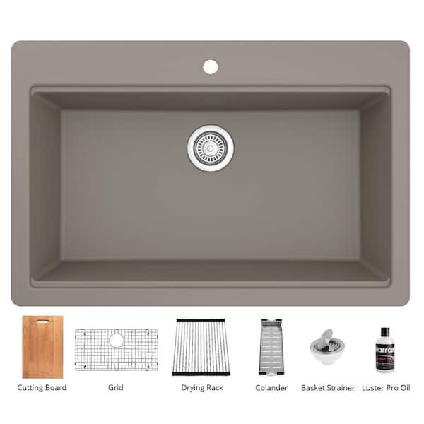 Karran Quartz 33 in. Single Bowl Drop-In Workstation Kitchen Sink in Concrete